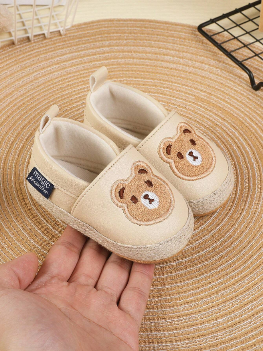 1pair Unisex Kid's Solid Color Bear Pattern Pu Sneakers With Elastic Design, Flat Non-Slip Sole, Cute Cartoon Style For Spring & Summer Casual Sports Use