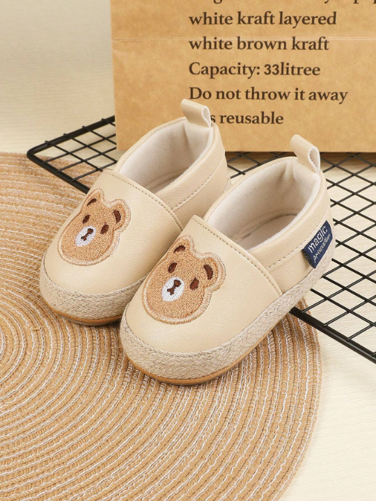 1pair Unisex Kid's Solid Color Bear Pattern Pu Sneakers With Elastic Design, Flat Non-Slip Sole, Cute Cartoon Style For Spring & Summer Casual Sports Use