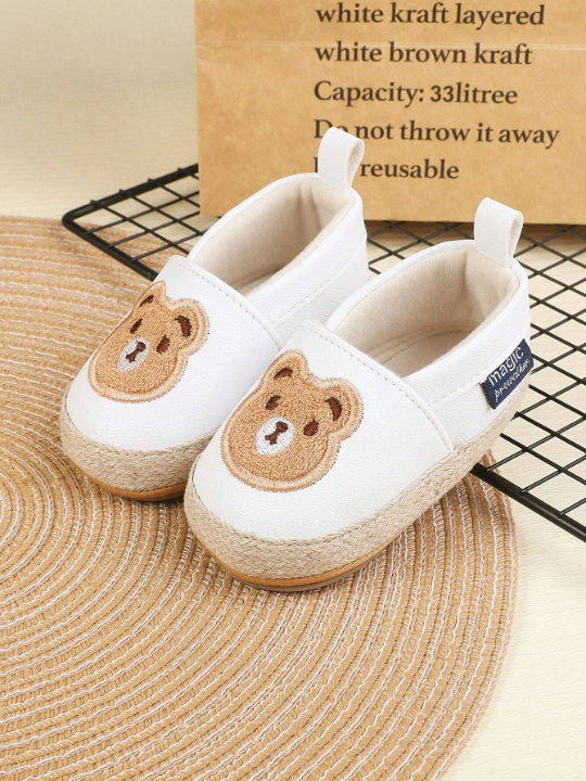 1pair Unisex Pure Color Bear Decor Pu Elastic Band Flat Cartoon Anti-Slip Comfortable Versatile Casual Sports Shoes For Spring And Summer