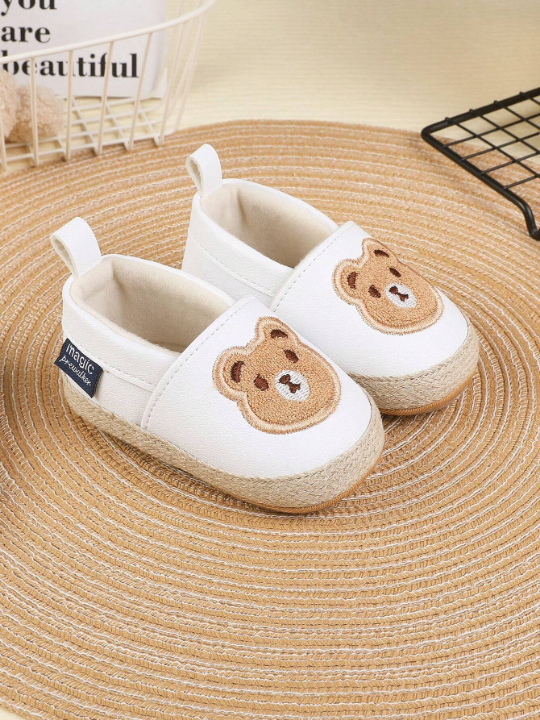 1pair Unisex Pure Color Bear Decor Pu Elastic Band Flat Cartoon Anti-Slip Comfortable Versatile Casual Sports Shoes For Spring And Summer