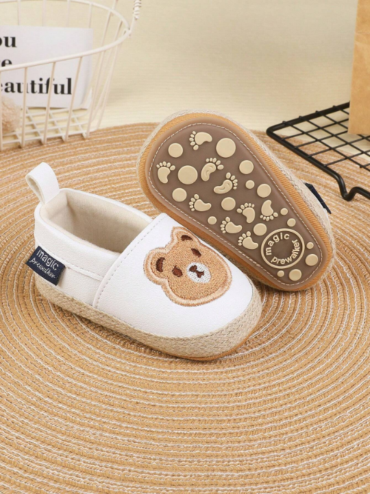 1pair Unisex Pure Color Bear Decor Pu Elastic Band Flat Cartoon Anti-Slip Comfortable Versatile Casual Sports Shoes For Spring And Summer