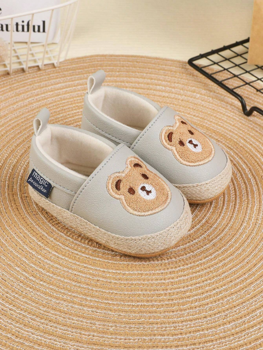 1pair Unisex Kids' Solid Color Bear Design Pu Elastic Band Flat Cartoon Slip-Resistant Comfortable All-Match Casual Sports Shoes, Suitable For Spring And Summer