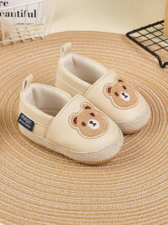 1pair Unisex Kid's Solid Color Bear Pattern Pu Sneakers With Elastic Design, Flat Non-Slip Sole, Cute Cartoon Style For Spring & Summer Casual Sports Use