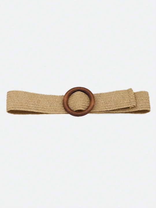 1pc Women's Elastic Belt With Circular Wood Buckle, Woven With Pp Straw, Beach Style Dress Waist Decoration