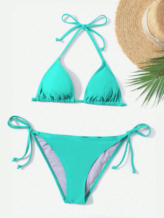 Swim Basics Solid Triangle Tie Side Bikini Swimsuit