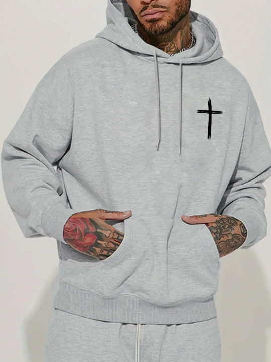 Men's Hoodie With Cross Pattern And Slogan Print On The Back