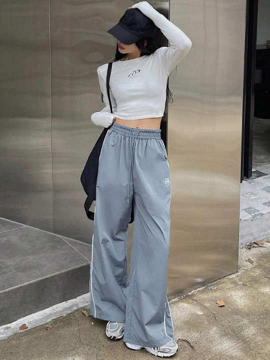 DAZY Patchwork Side Split Elastic Waist Wide Leg Pants