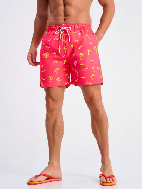 Manfinity Swimmode Men's Coconut Tree & Seagull Print Drawstring Casual Beach Shorts