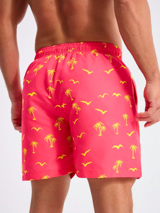 Manfinity Swimmode Men's Coconut Tree & Seagull Print Drawstring Casual Beach Shorts