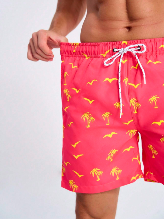 Manfinity Swimmode Men's Coconut Tree & Seagull Print Drawstring Casual Beach Shorts