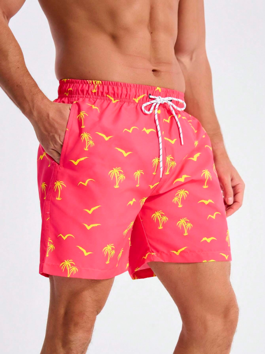 Manfinity Swimmode Men's Coconut Tree & Seagull Print Drawstring Casual Beach Shorts