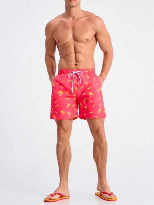 Manfinity Swimmode Men's Coconut Tree & Seagull Print Drawstring Casual Beach Shorts