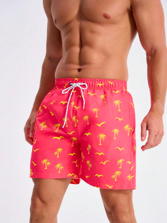 Manfinity Swimmode Men's Coconut Tree & Seagull Print Drawstring Casual Beach Shorts