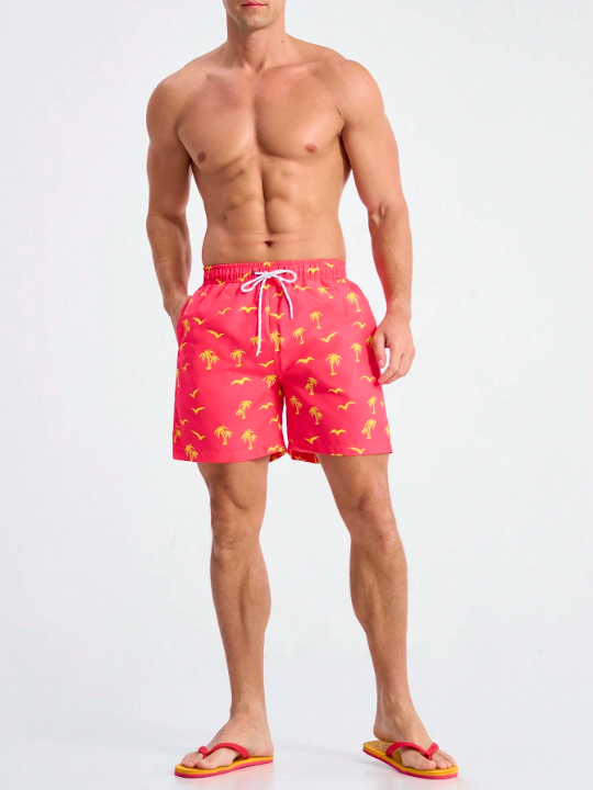 Manfinity Swimmode Men's Coconut Tree & Seagull Print Drawstring Casual Beach Shorts