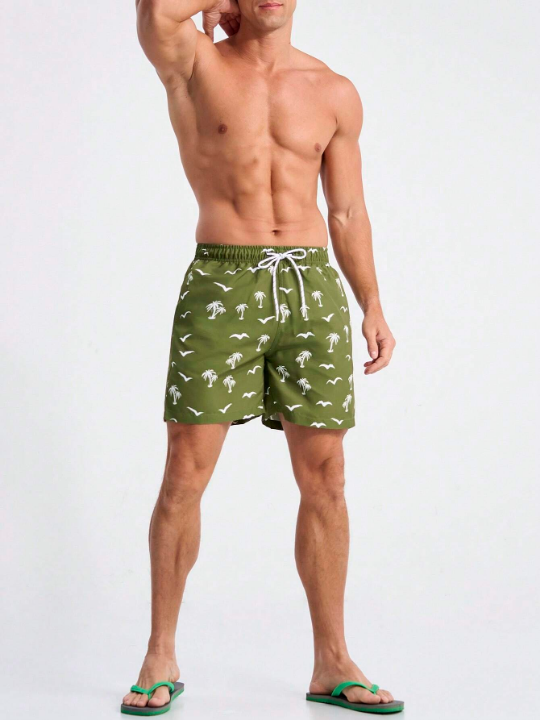 Manfinity Men's Cartoon Printed Beach Shorts With Drawstring Waist And Pockets