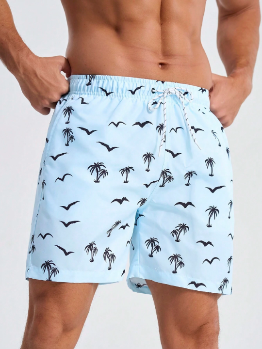 Manfinity Swimmode Men's Beach Shorts With Seagulls And Coconut Trees Print And Drawstring Waist