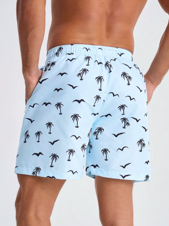 Manfinity Swimmode Men's Beach Shorts With Seagulls And Coconut Trees Print And Drawstring Waist