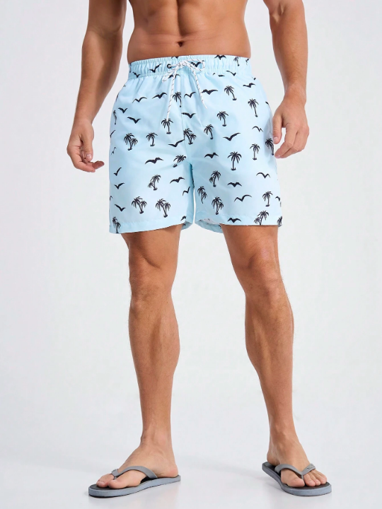 Manfinity Swimmode Men's Beach Shorts With Seagulls And Coconut Trees Print And Drawstring Waist