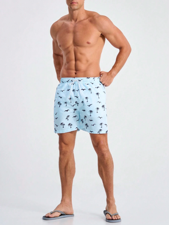 Manfinity Swimmode Men's Beach Shorts With Seagulls And Coconut Trees Print And Drawstring Waist