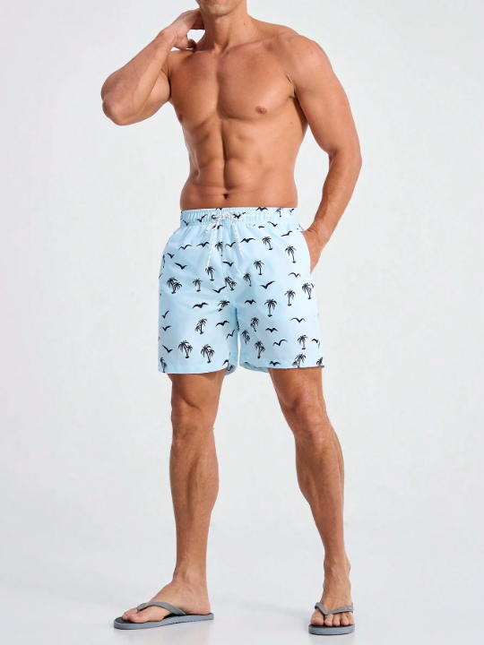 Manfinity Swimmode Men's Beach Shorts With Seagulls And Coconut Trees Print And Drawstring Waist