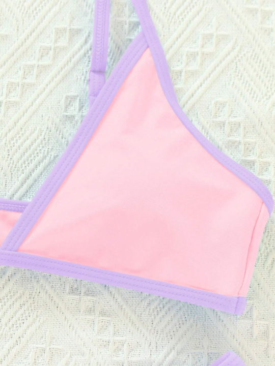 Swim Vcay Color Block Bikini Set With Thin Straps And Ruffled Edges