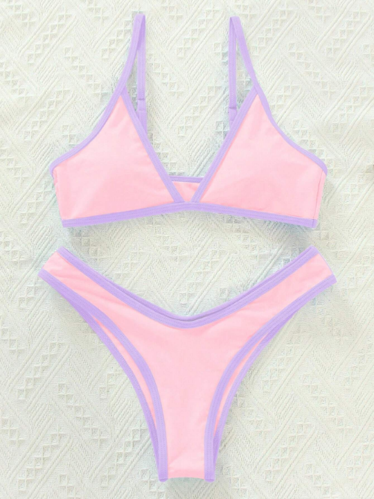 Swim Vcay Color Block Bikini Set With Thin Straps And Ruffled Edges