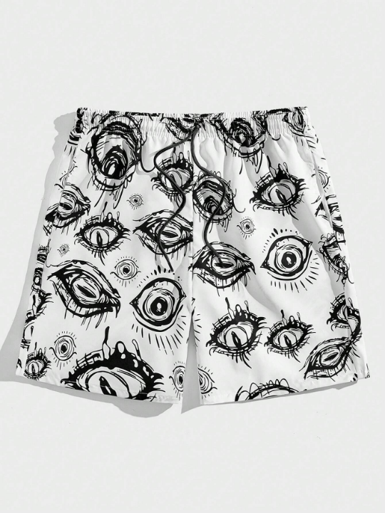 ROMWE Anime Men Eye Print Drawstring Waist Shorts