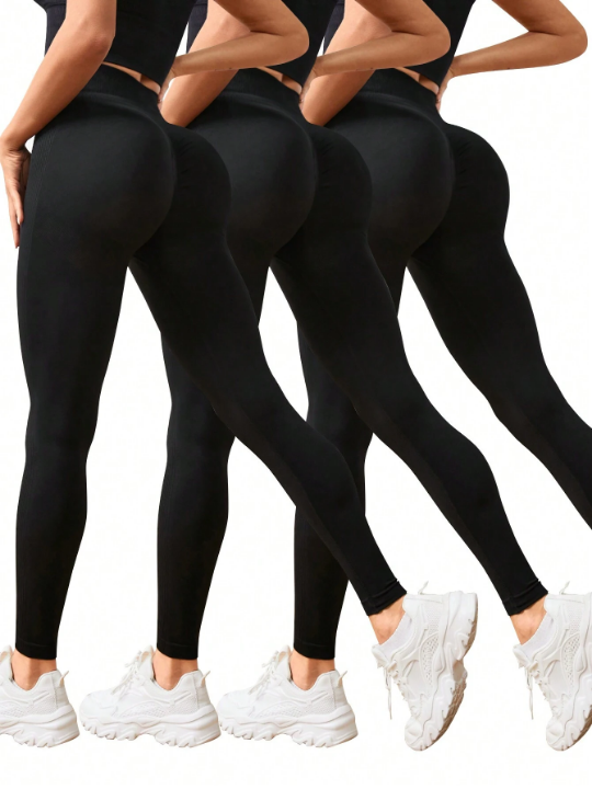 Solid Color Seamless, Elastic, Wide Waistband Leggings For Sports