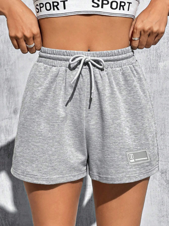 EZwear Gray Knitted Women's Short With Letter Patch Detail