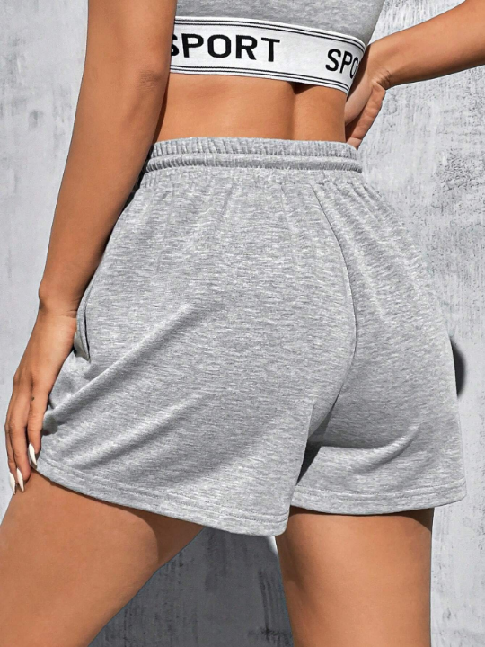 EZwear Gray Knitted Women's Short With Letter Patch Detail