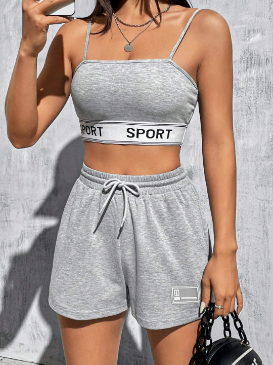 EZwear Gray Knitted Women's Short With Letter Patch Detail