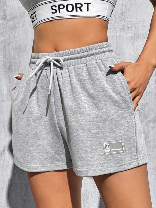 EZwear Gray Knitted Women's Short With Letter Patch Detail