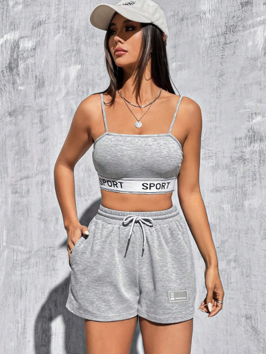 EZwear Gray Knitted Women's Short With Letter Patch Detail