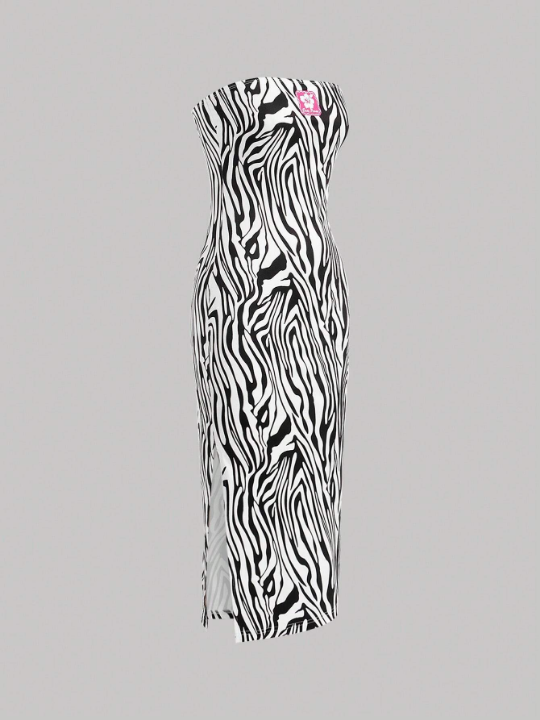 Qutie Zebra Print Strappy Split Dress