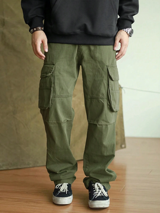 Manfinity Hypemode Loose Fit Men's Solid Color Long Pants With Flap-Pockets