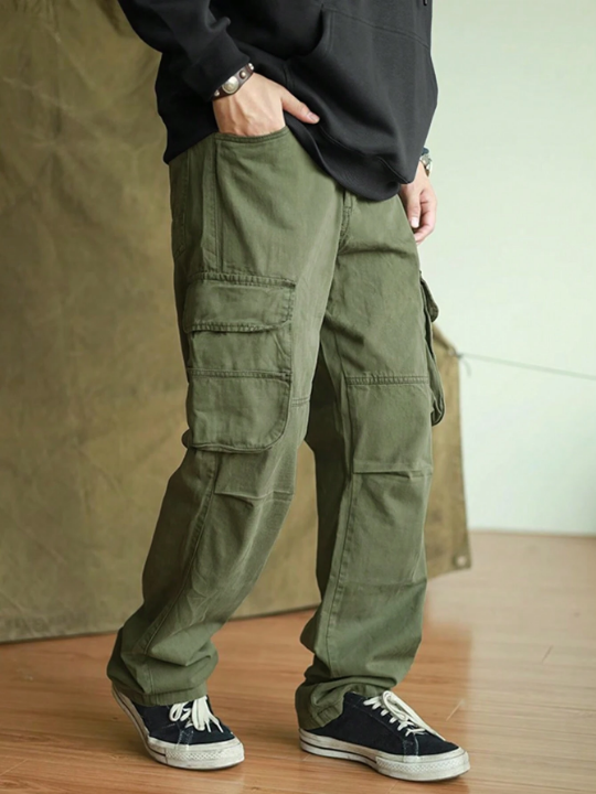 Manfinity Hypemode Loose Fit Men's Solid Color Long Pants With Flap-Pockets