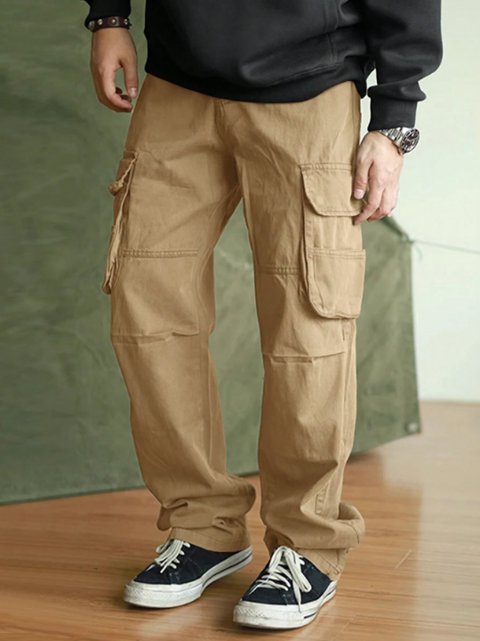 Manfinity Hypemode Men's Solid Color Wide-Leg Flip-Pocket Pants