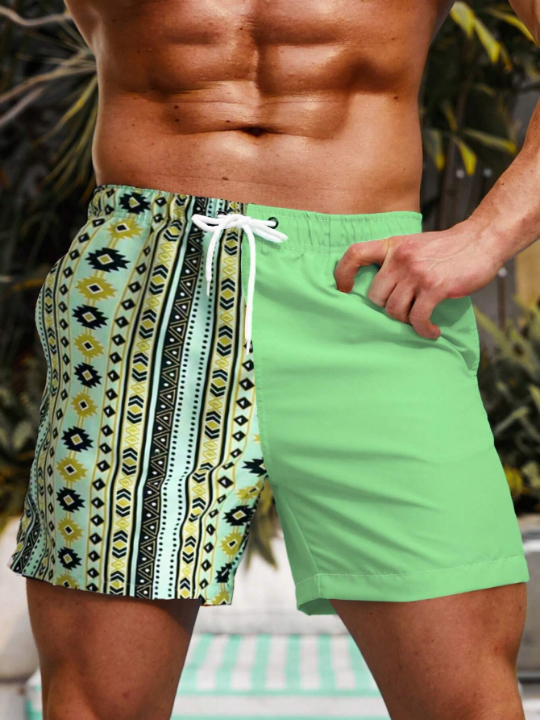 Manfinity Men's Stylish Drawstring Beachwear With Colorblock Design