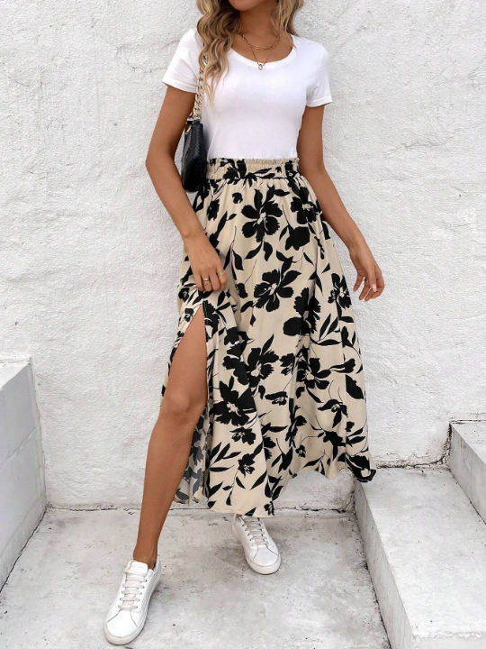 Frenchy Women's High Slit Summer Skirt With Floral Print And Ruffled Hem