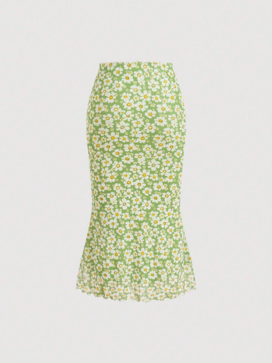 MOD Chiffon Daisy Print Fish Tail Skirt