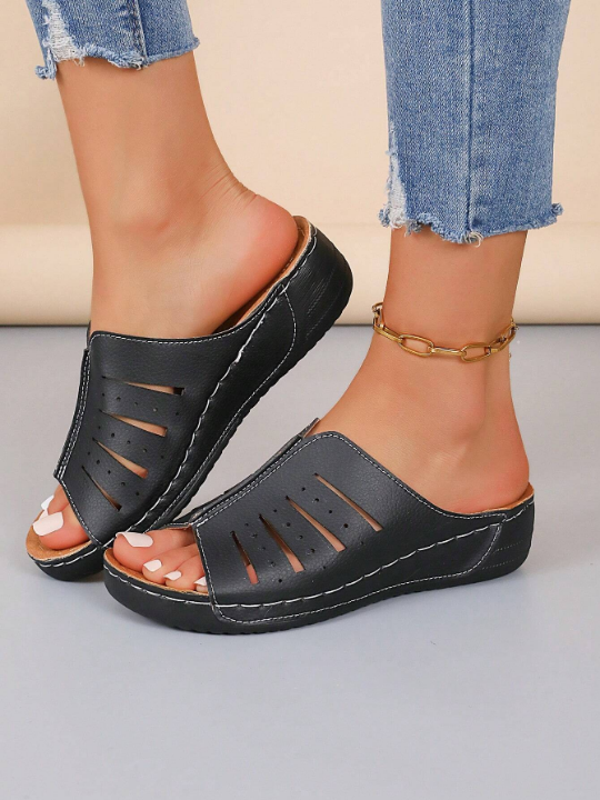 Summer Women's Casual Wedge Heel Thick Heel Sandals, Laser High Heel Slippers, Solid Color Fashion Sandals, Black & White