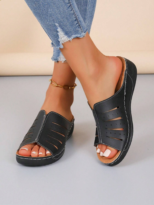 Summer Women's Casual Wedge Heel Thick Heel Sandals, Laser High Heel Slippers, Solid Color Fashion Sandals, Black & White