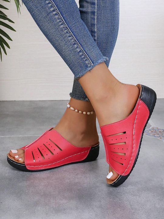 Summer Women's Casual Wedge Heel Thick Sole Sandals Laser High Heel Slippers Monochrome Fashionable Slippers Black/White