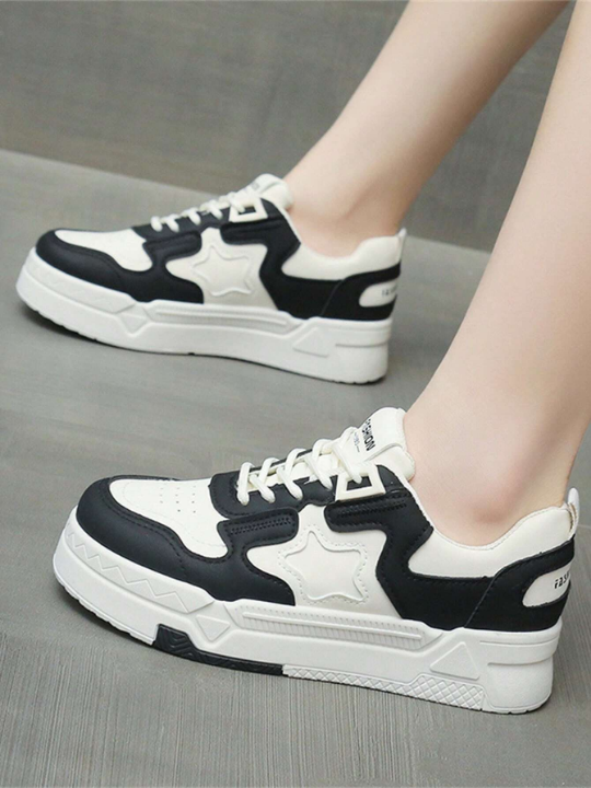 Women's Fashionable Skateboard Shoes, Color-Blocked Lace-Up Low Top Platform Sneakers, Casual Black All-Match Outdoor Sports Shoes