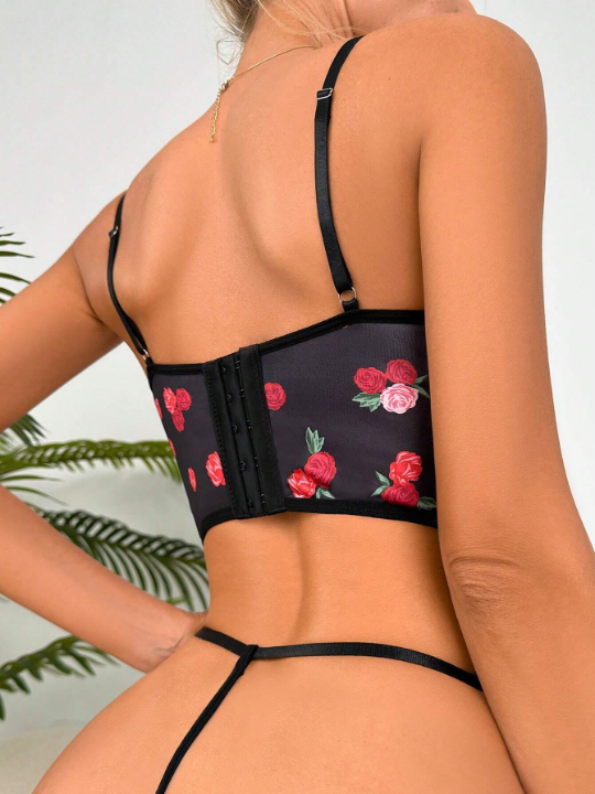 Women's Sexy Rose Print Lingerie Set