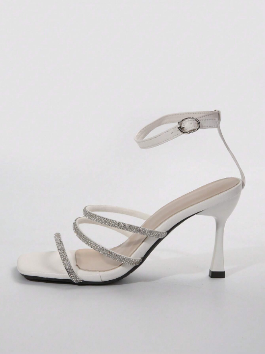 White Crystal Decor Peep Toe French High Heel Sandals For Women, Summer