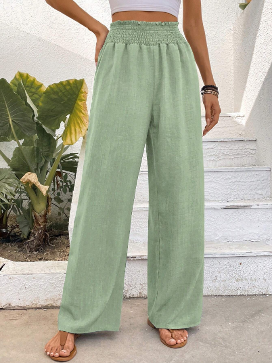 Wide Shirred Waist Straight Leg Trousers