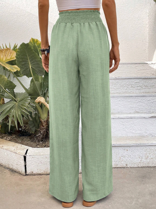 Wide Shirred Waist Straight Leg Trousers