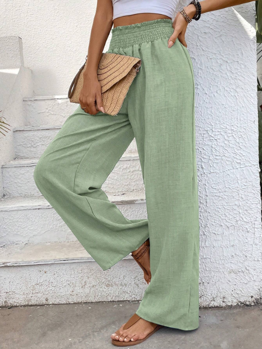 Wide Shirred Waist Straight Leg Trousers