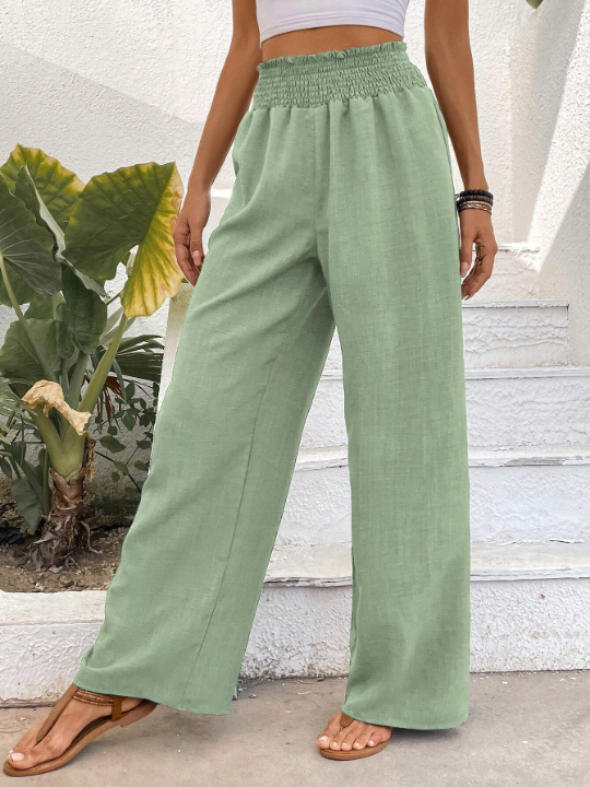 Wide Shirred Waist Straight Leg Trousers